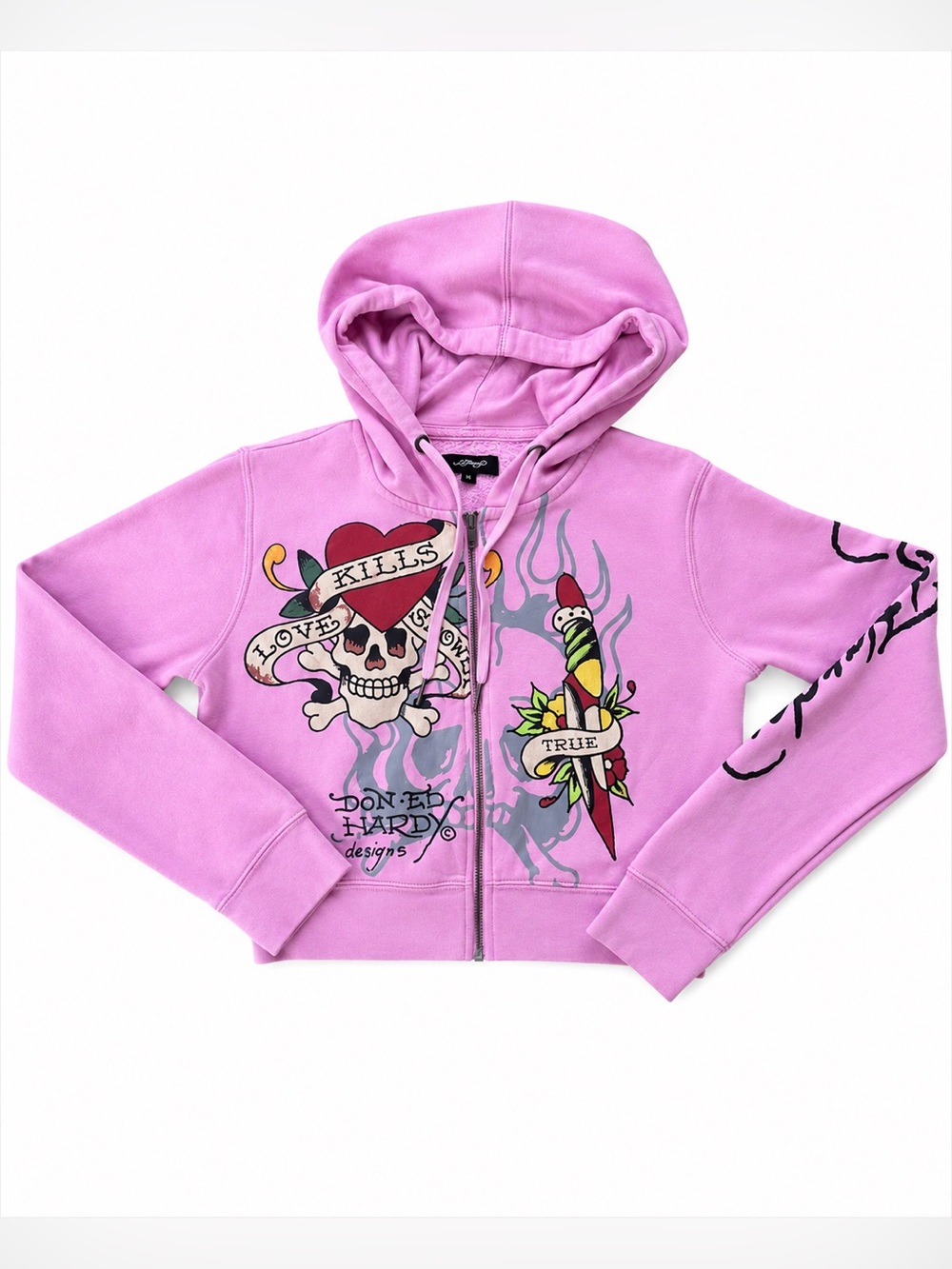 Y2K Ed Hardy Pink Tattoo Graphic Zip-Up Hooded Crop Fitted Hoodie Medium (small)